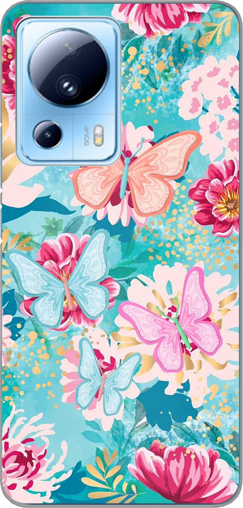 Xiaomi Mi 13 Lite Uyumlu Kelebekler ve Çiçekler Baskılı Silikon Kılıf