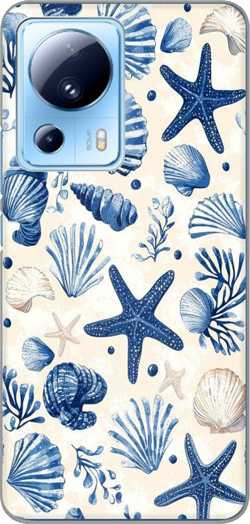 Xiaomi Mi 13 Lite Uyumlu Mavi Deniz Kabuğu ve Yıldız Desenli Baskılı Silikon Kılıf