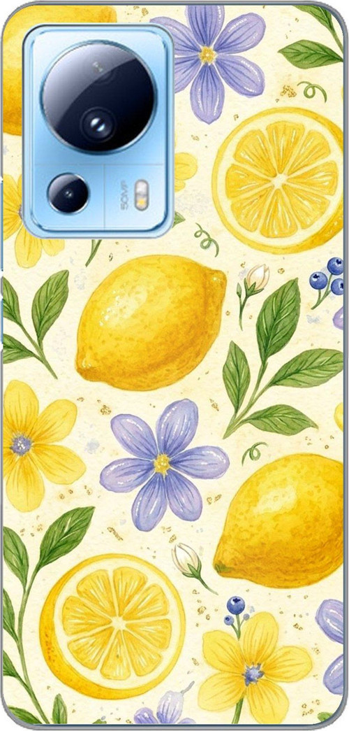 Xiaomi Mi 13 Lite Uyumlu Sulu Boya Limon ve Çiçek Desenli Baskılı Silikon Kılıf