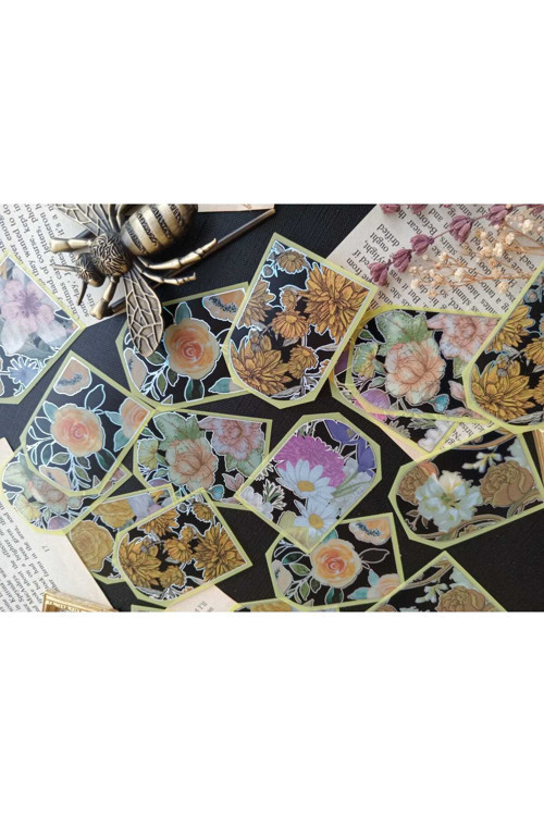 Silver Sarı Gümüş Yansımalı Çiçekli 30 Adet Özel Kesim Sticker Etiket Bullet Journal Ajanda Scrapbook İçin Uygun