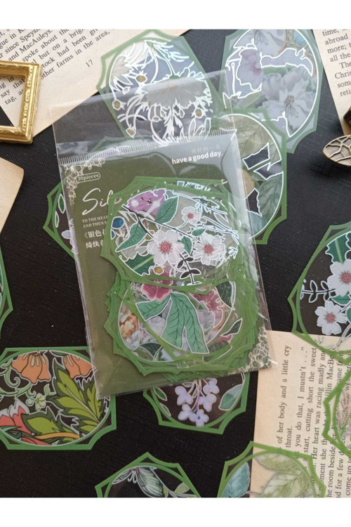 Silver Yeşil Gümüş Yansımalı Çiçekli 30 Adet Özel Kesim Sticker Şeffaf Etiket Bullet Journal Ajanda Scrapbook İçin Uygun