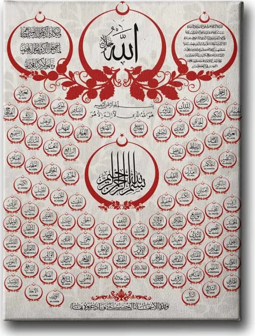 Esma-Ul Husna Ayetli İslami Hat Sanatı Kanvas Tablo