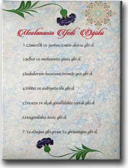 Mevlana’nın 7 Öğüdü Karanfilli İslami Hat Sanatı Kanvas Tablo