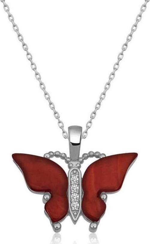Gümüş Kırmızı Kaplangözü Taşlı Kelebek Kolye