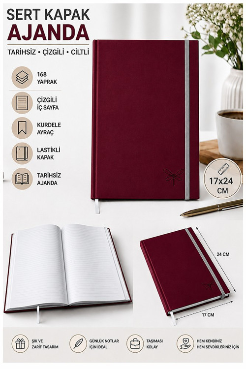 Kaliteli Tarihsiz Ajanda Not Defteri 17x24cm 1 Adet Lizz Ofs Lastili Kapak 190 Sert Kapak Ciltli 168 Yaprak Çizgili
