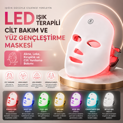 7 Renk LED Yüz Maskesi Foton Işık Terapisi, Kırmızı Işık Cilt Bakım ve Yüz Bakım Maskesi, 90 LED
