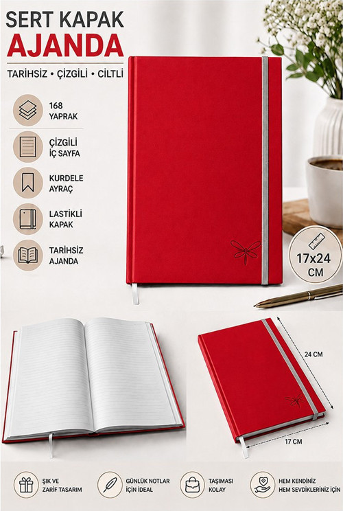 Kaliteli Tarihsiz Ajanda Not Defteri 17x24cm 1 Adet Lizz Ofs Lastili Kapak 190 Sert Kapak Ciltli 168 Yaprak Çizgili