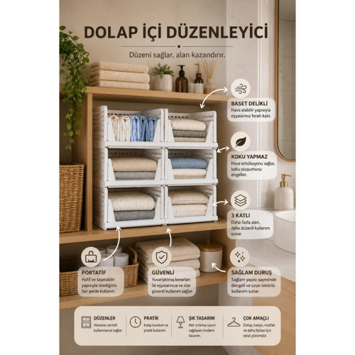 Kayar Raf Sistemli Dolap İçi İstiflenebilir Kıyafet Düzenleyici Organizer Beyaz 6 Adet
