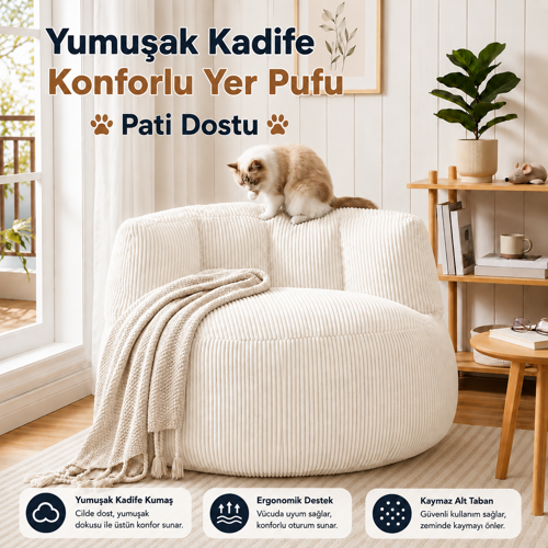 Premium Yer Pufu Fitilli Kadife Tek Kişilik Relax Koltuk 94x76 Cm