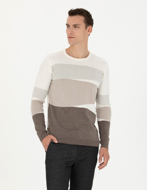 Ekru Slim Fit Bisiklet Yaka Triko Kazak 50278105-VR019