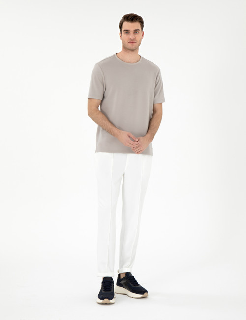 Ekru Slim Fit Nervürlü Duble Paça Eşofman Altı 50290666-VR019