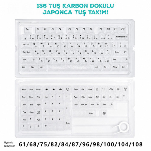 136 Tuş Japonca PBT Tuş Takımı – Şeffaf Karbon Fiber Desenli Mekanik Klavye Keycaps Seti