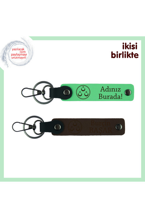 Yeni Mezuna Kutlama Hediyesi – Üç Ayyıldız Desenli İsimli 2’Li Anahtarlık, Fıstık Yeşil-Kahve