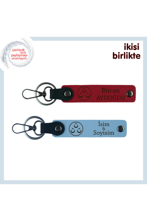 İsimle Kişiselleştirilebilen Üç Ayyıldızlı Deri Anahtarlık Set, 2’Li Hatıra Takımı, Kırmızı-Mavi