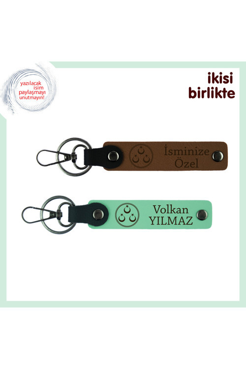 Anne İçin Üç Ayyıldız Desenli, İsim Soyisim Yazılabilen 2’Li Anahtarlık Takım, Açık Kahve-Yeşil