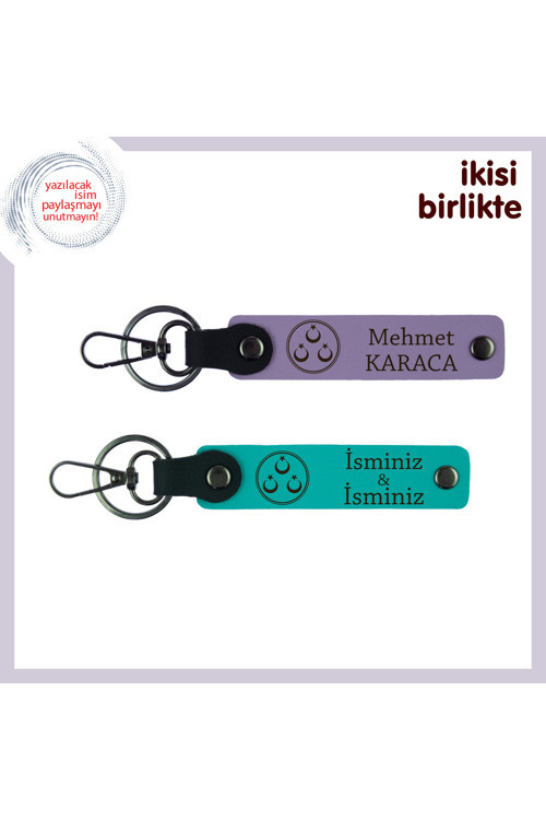 Kişisel Hediye Arayanlara – Üç Ayyıldız Desenli Deri Anahtarlık Seti, İsme Özel X2, Mor-Turkuaz