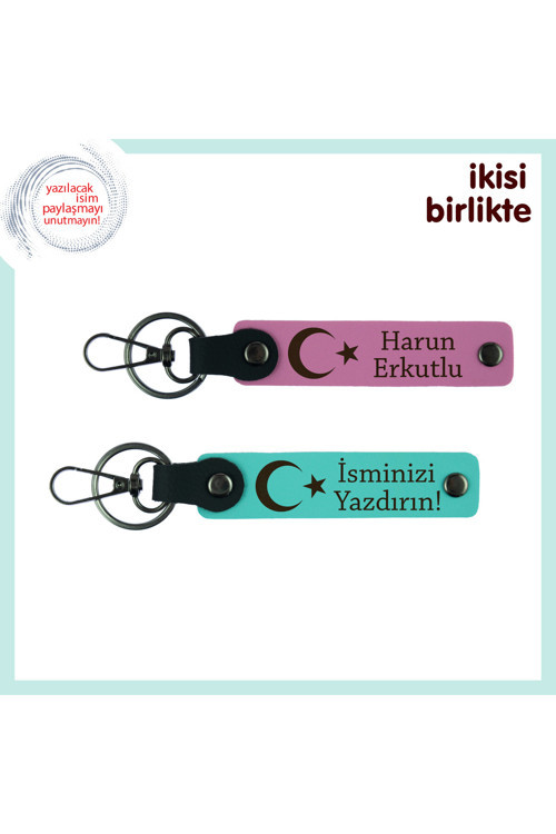 Kalpten Kalbe Giden Vatanlı Hediye – Sevgiliye Ay Yıldızlı Deri Anahtarlık 2'Li Set, Pembe-Turkuaz