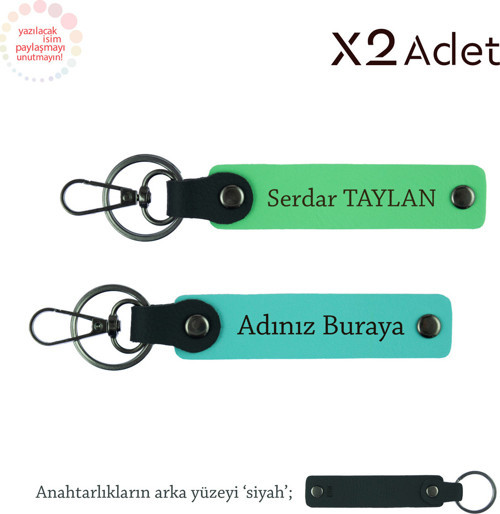 Sevgiliye 14 Şubat Hediyesi, İsim Yazılı 2’Li Anahtarlık Seti, Turkuaz-Fıstık Yeşil-Siyah