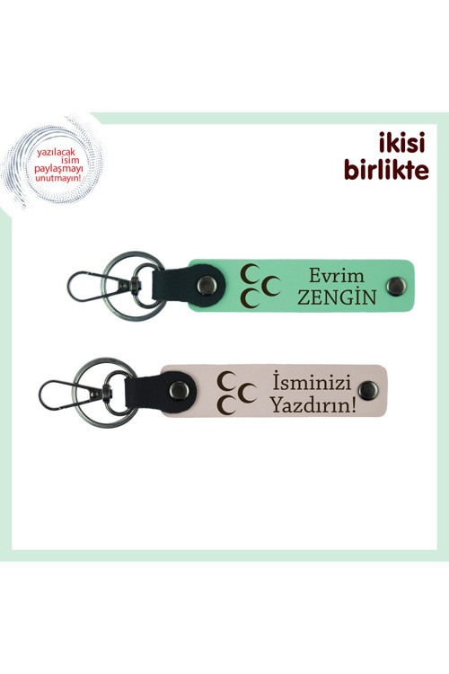 Öğretmene Teşekkür Hediyesi, Üç Hilal Desenli İsimli 2’Li Anahtarlık, Açık Yeşil-Pudra