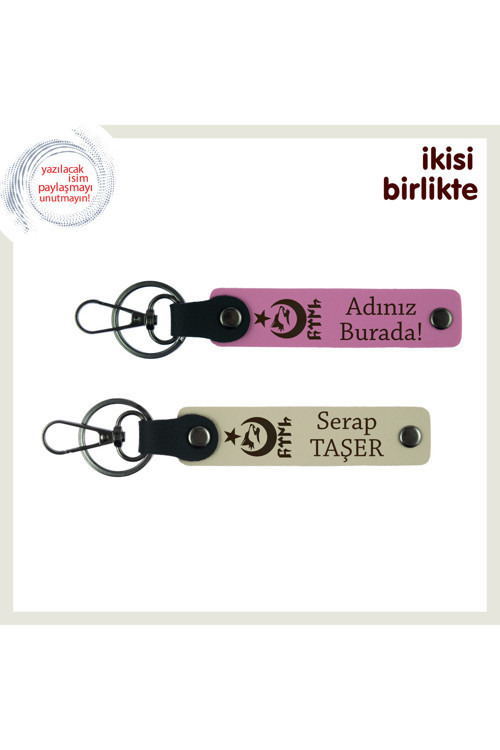 Sevgiline Ayyıldız Kurt Göktürklü Anlamlı Hediye, Kişiye Özel Anahtarlık Set 2'Li, Pembe-Sütlü Kahve