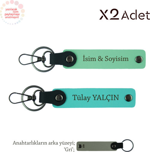 Yeni Evlilere Romantik Armağan, İsim Yazılı 2’Li Anahtarlık Seti, Yeşil-Turkuaz-Gri