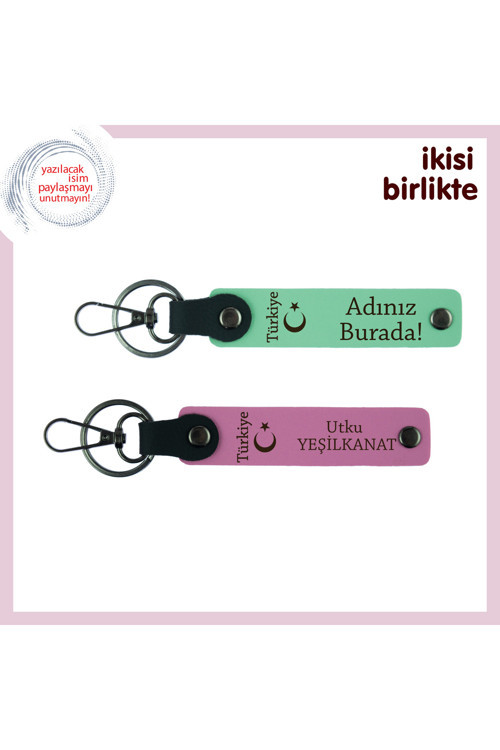 Kız Kardeşe Unutulmaz Hediye, Ayyıldız Ve Türkiye Temalı İsimli 2’Li Anahtarlık, Açık Yeşil-Pembe