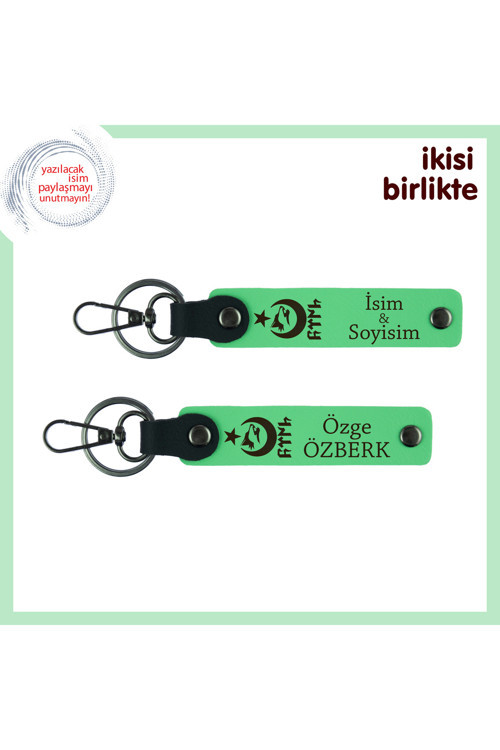 Kurumsal Hediye – Ayyıldız Kurt Göktürk Desenli, İsme Özel 2’Li Anahtarlık Seti, Fıstık Yeşil-Yeşil