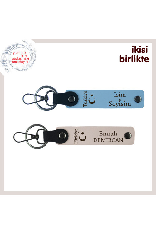 Vatan Temalı Anlamlı Hediye – Ayyıldız Ve Türkiye Kişisel İsimli Anahtarlık Takımı, Gök Mavi-Pudra
