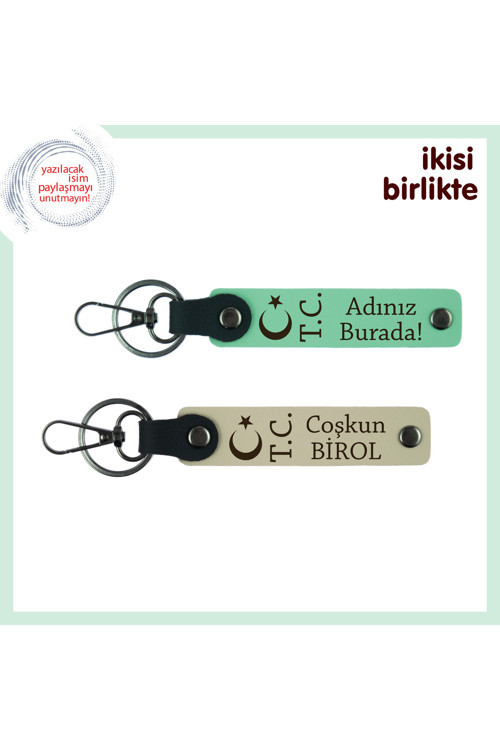 Duyguları Taşıyan Tasarım, Ay Yıldız Tc İsim Soyisimli 2’Li Hediye Anahtarlık, Açık Yeşil-S Kahve
