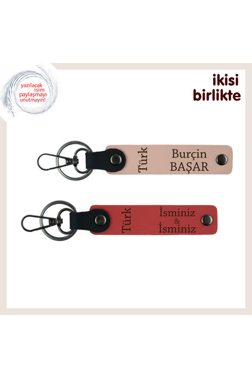 Özel Günlere Şık Tasarım Hediye – Türk Yazısı Deri Anahtarlık X2, Yavru Ağzı-Nar Çiçeği
