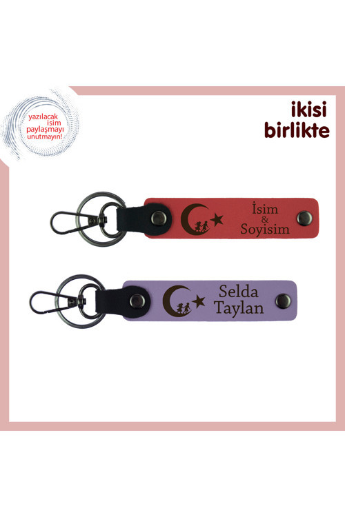 Eşe Anlamlı Hediye – Çocuk Ve Ayyıldız Temalı Kişisel Deri Anahtarlık Seti 2'Li, Nar Çiçeği-Mor
