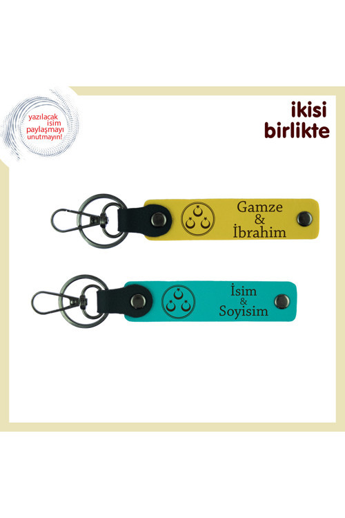 Üç Ayyıldız Deseniyle Yıldönümüne Özel Sürpriz – Kişisel Deri Anahtarlık X2 Adet, Sarı-Turkuaz