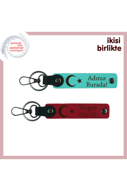 Ay Yıldız Gibi Parlayan Aşkınız İçin, Kişisel Yazılı, Sevgiliye Deri Anahtarlık, Turkuaz-Kırmızı