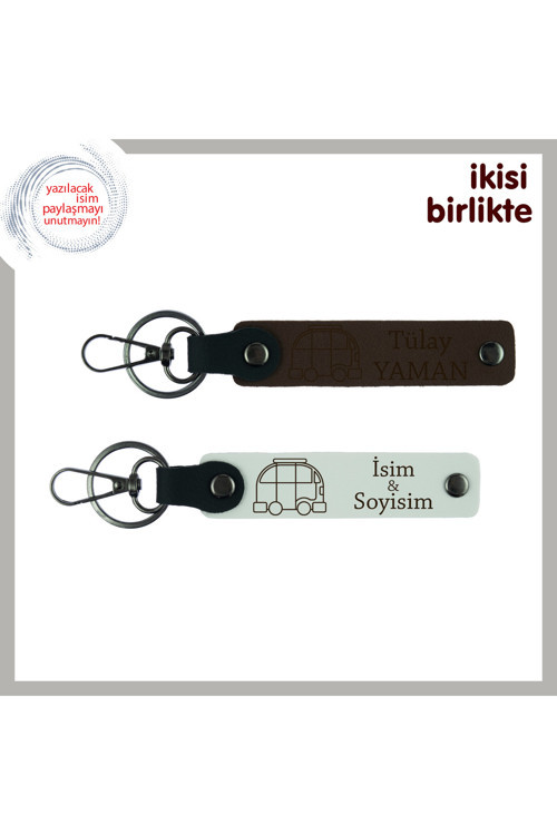 Karavanla Birlikte Büyüyen Sevgilere, Hediyelik Deri Anahtarlık 2’Li Set, Koyu Kahve-Beyaz