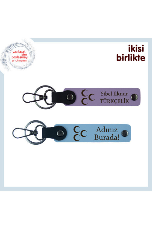 Üç Hilal Motifli Anahtarlık Seti – Kişiye Özel Yazılabilir Hediye, Mor Menekşe-Gök Mavi
