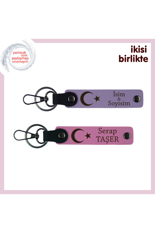 Ay Yıldızın Gücünü Taşıyan Deri Anahtarlık – Kişiye Özel Ay Yıldızlı Hediye Takımı, Mor-Pembe