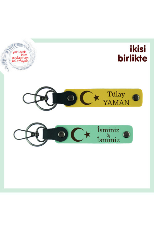 Ay Yıldızla Taçlanan Evlilik – Yıldönümüne Özel İsim Yazılabilir Anahtarlık Takım, Sarı-Yeşil