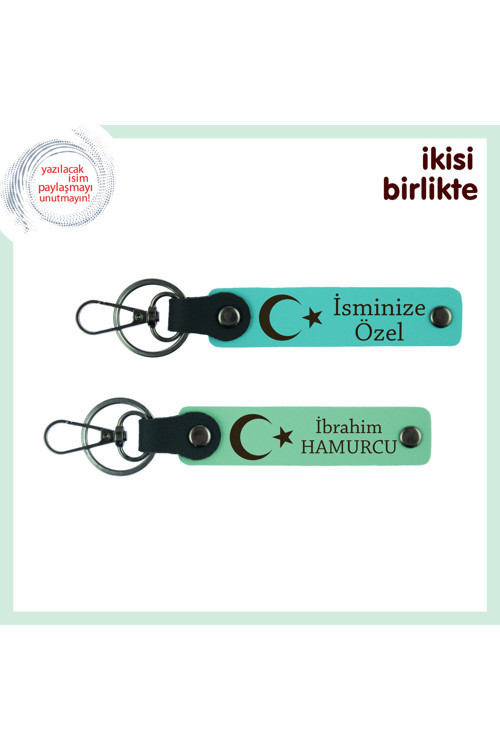 Birlikte Geçen Günleri Onurlandıran Hediye – Ay Yıldızlı Deri Anahtarlık X2 Set, Turkuaz-Yeşil