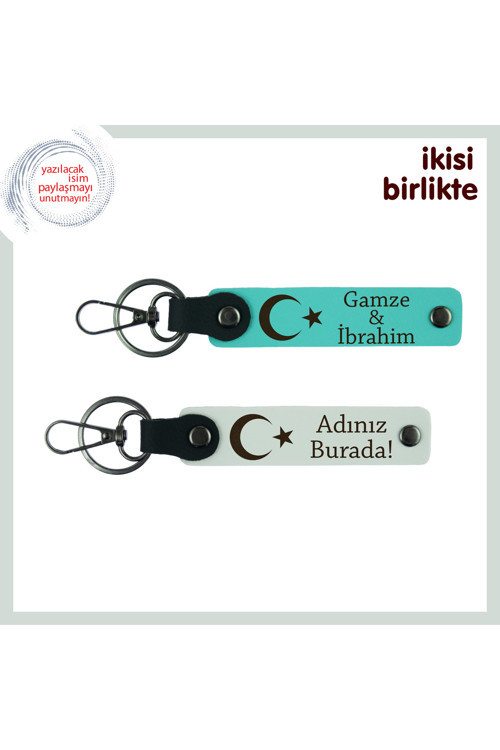 Sevgiliye Her Zaman Yanında Olacağınızın Simgesi – Ay Yıldız Anahtarlık X2 Set, Turkuaz-Beyaz