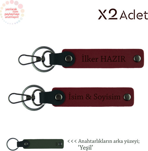 Öğretmenler Gününe Özel Hediye,Kişisel İsim Yazılı 2’Li Anahtarlık Seti, Bordo-Yeşil