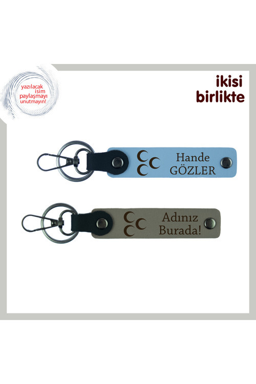 Gurur Yüklü Hatıra – Üç Hilal Desenli Kişiye Özel İsimli Anahtarlık, Gök Mavi-Kül Gri
