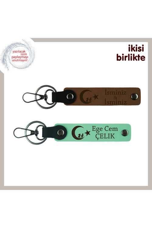 Anne İçin Çocuk Ve Ayyıldız Desenli, İsim Soyisim Yazılabilen 2’Li Anahtarlık, Açık Kahve-Yeşil