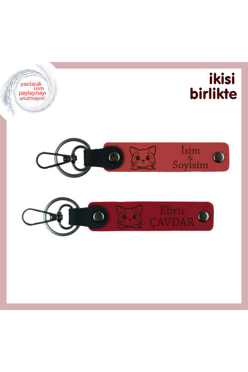 Kayıp Kedine Özel Hatıra, Kişisel Patili Deri Anahtarlık 2’Li Set, İsminize Özel, Nar Çiçeği-Kırmızı