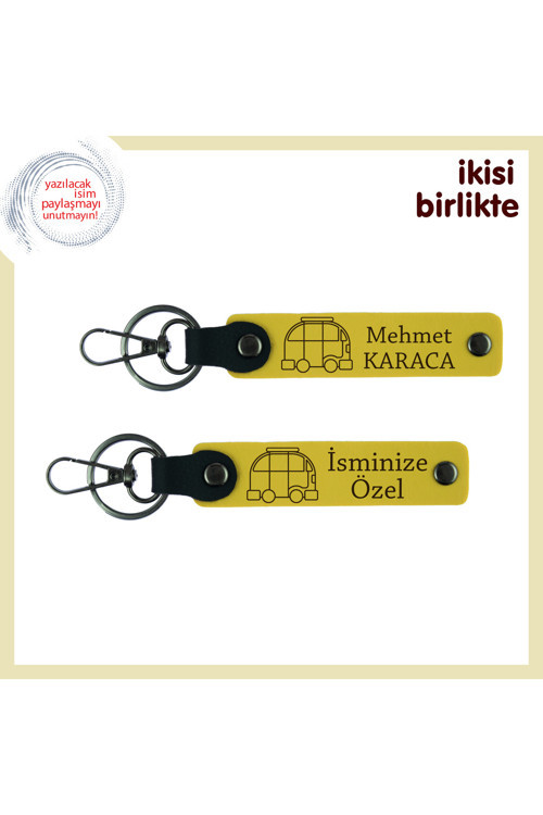 Yolda Geçen Aşklara Özel, Kişisel Karavan Figürlü Deri Anahtarlık Set, İsim Yazılabilir, Sarı-Sarı