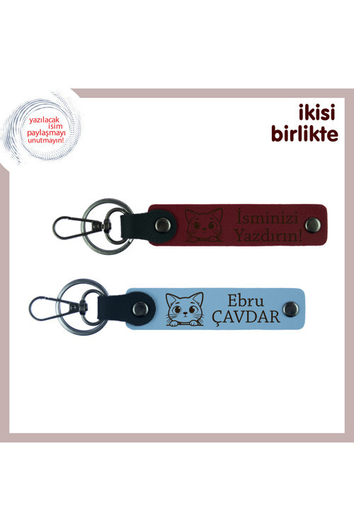 Anneye Ve Kedisine Ortak Hediye, Kişisel İsim Yazılabilen Deri Anahtarlık X2’Li, Bordo-Gök Mavi
