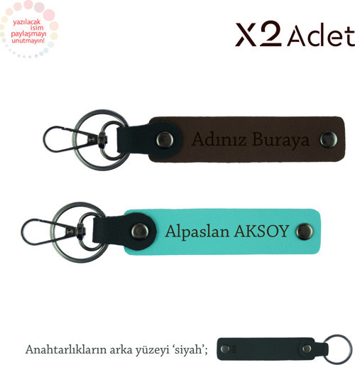 Yılbaşı İçin Şık Jest, İsim & Soyisim Yazılı 2’Li Anahtarlık Seti, Koyu Kahve-Turkuaz-Siyah