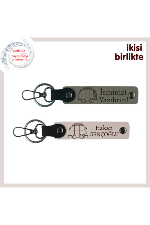 Tüm Yolculuklara Yakışır Kişisel Anahtarlık, Karavan Figürlü 2’Li Set, İsim Yazılı, Kül Gri-Pudra