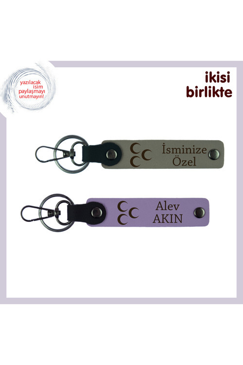 Öğretmenden Öğrencisine Hediye, Üç Hilal Temalı İsim Yazılı 2' Li Anahtarlık, Gri-Mor