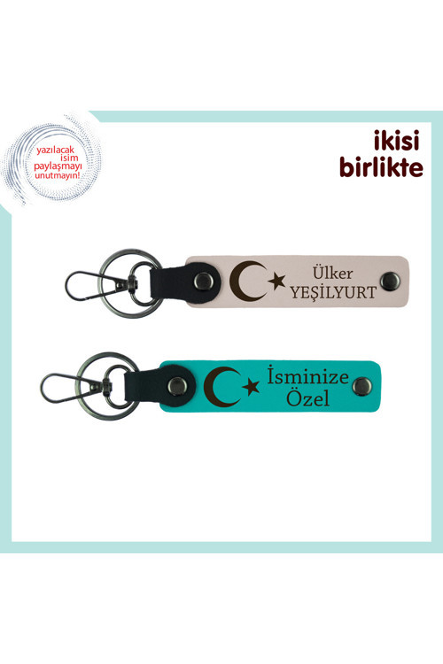 Aşkına Vefa Kat, Ay Yıldızlı Sevgiliye Özel Kişiselleştirilebilir Anahtarlık Hediye, Pudra-Turkuaz