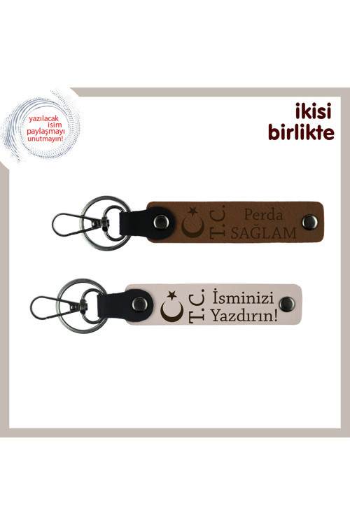 Öğretmene Kalıcı Hatıra, Ay Yıldız Tc İsme & Soyisme Özel 2’Li Anahtarlık Hediye, Açık Kahve-Pudra